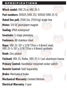 Troliu Warn VRX 25, 2500 lbs / 1134 kg, cablu de otel 15m x 5mm. Contine comutator pentru ghidon.